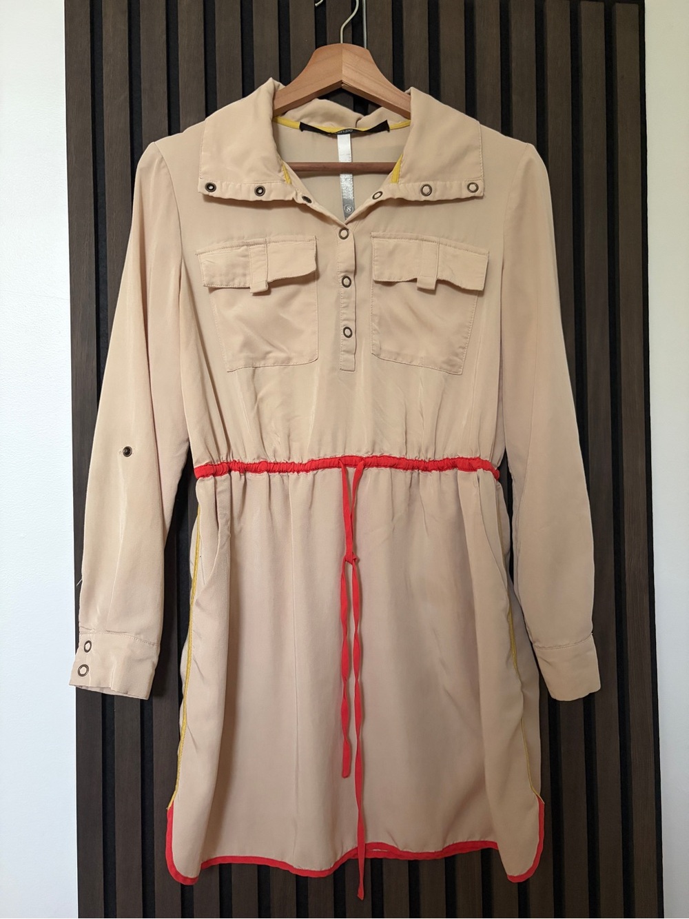 Kensie Utility Safari Shirt Dress Beige Neon Trim Roll Tab Sleeves Size S - Picture 2 of 14